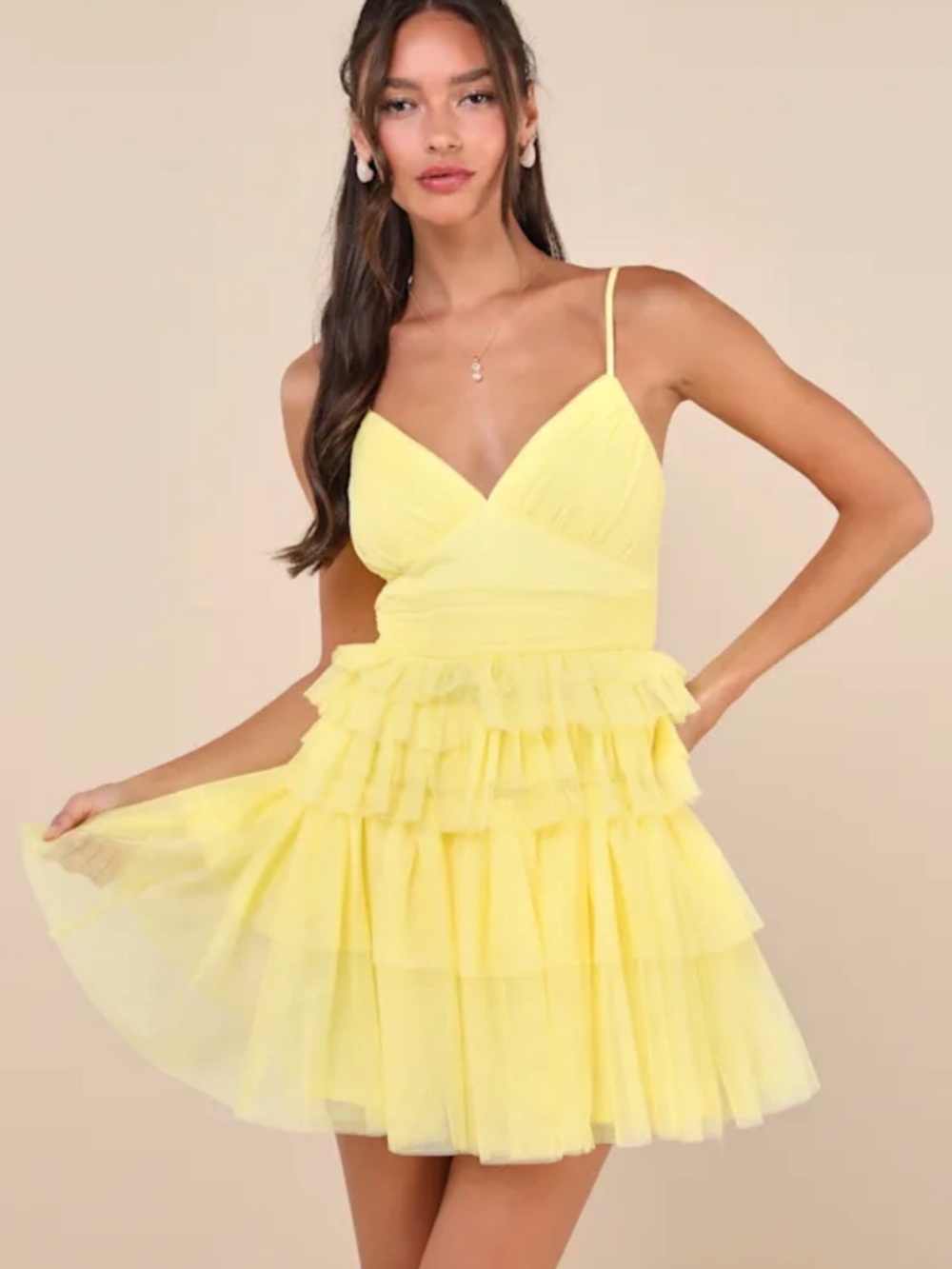 Lulu's Lemon Ruffled Tiered Spaghetti Strap Dress